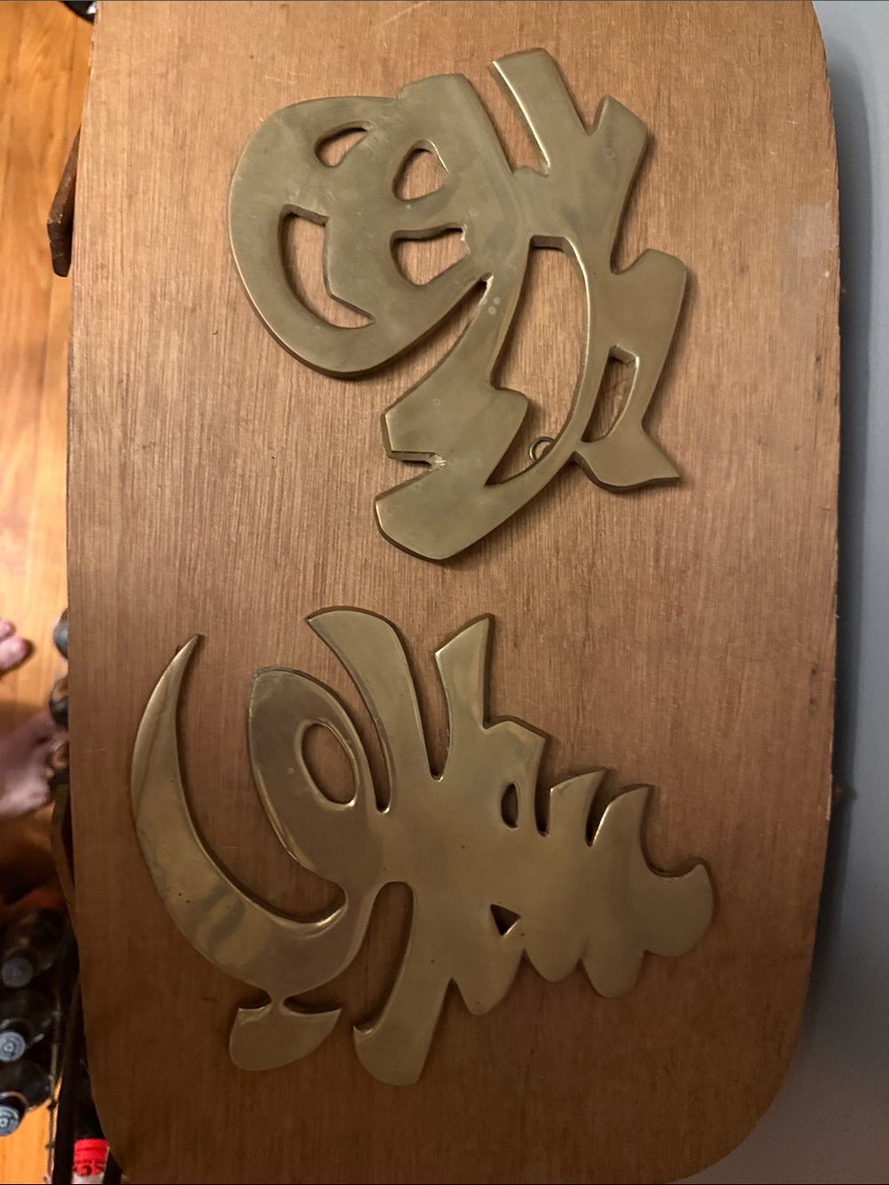 Vintage Brass Chinese Characters Wall Decor Fu & Shou Fortune Longevity Pair 6x7